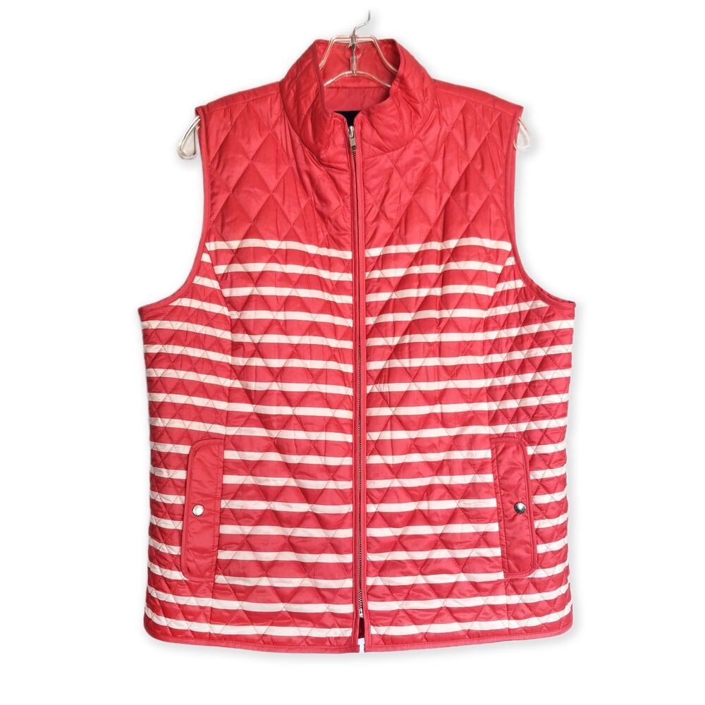 Talbots Size Large Lightweight Quilted Vest Coral White Stripe Full Zip Pockets